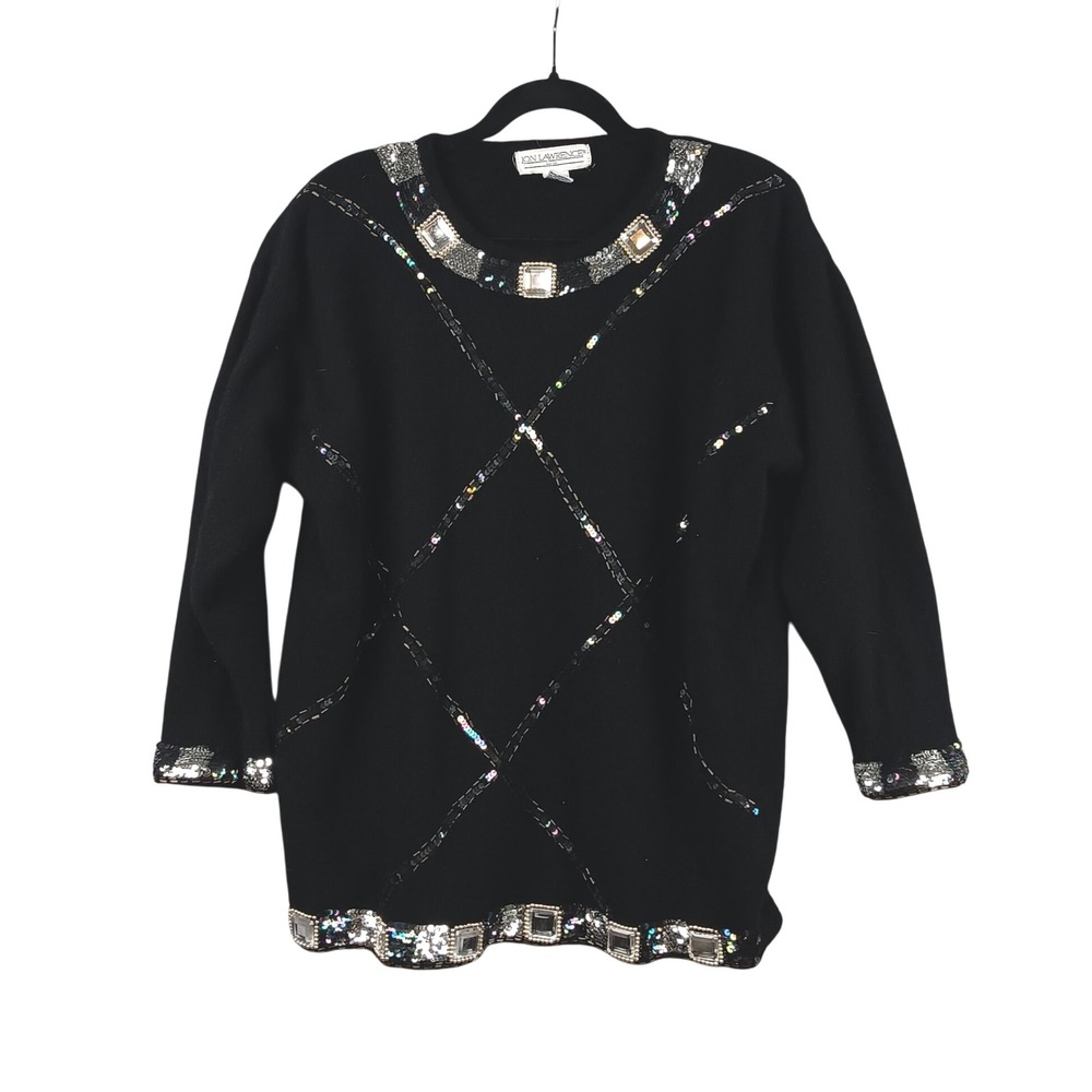 VTG JON LAWRENCE LTD Black Sequin Gem Embellished‎ Lambswool Angora Sweater L